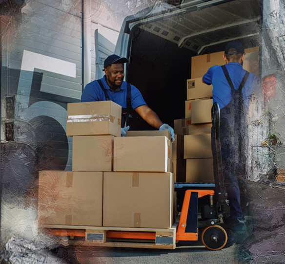 Two workers unpacking boxes from a delivery vehicle.