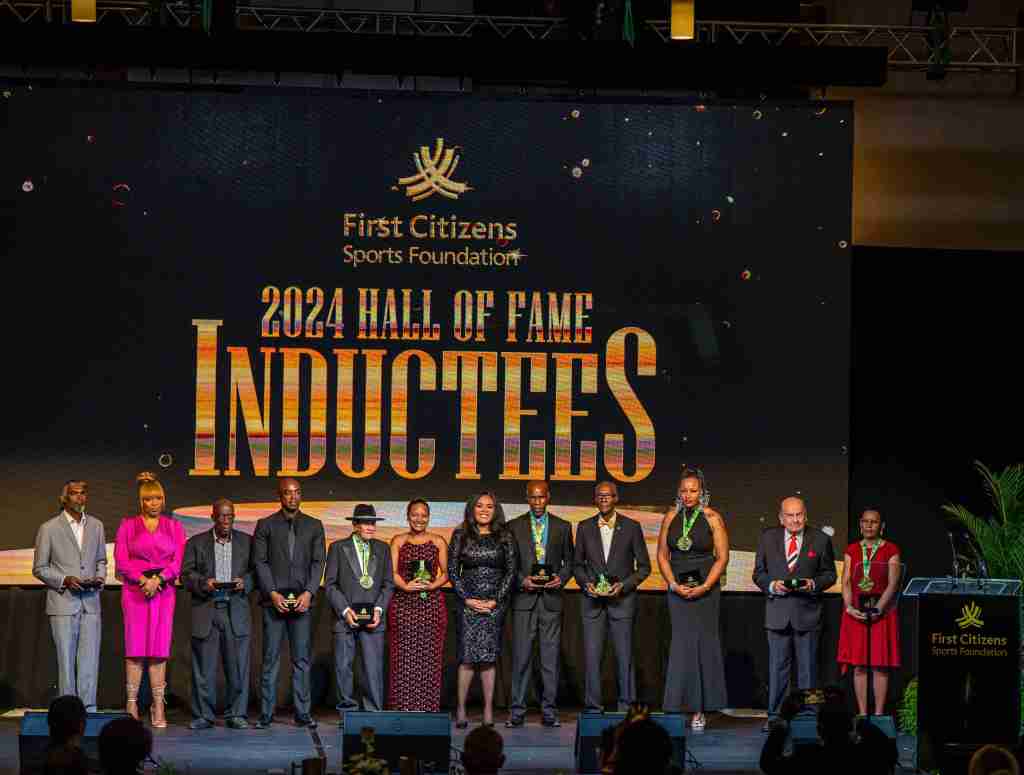 The Hon. Shamfa Cudjoe-Lewis, Minister of Sport & Community Development, 7th from the left, with the 2024 Hall of Fame Inductees & Representatives