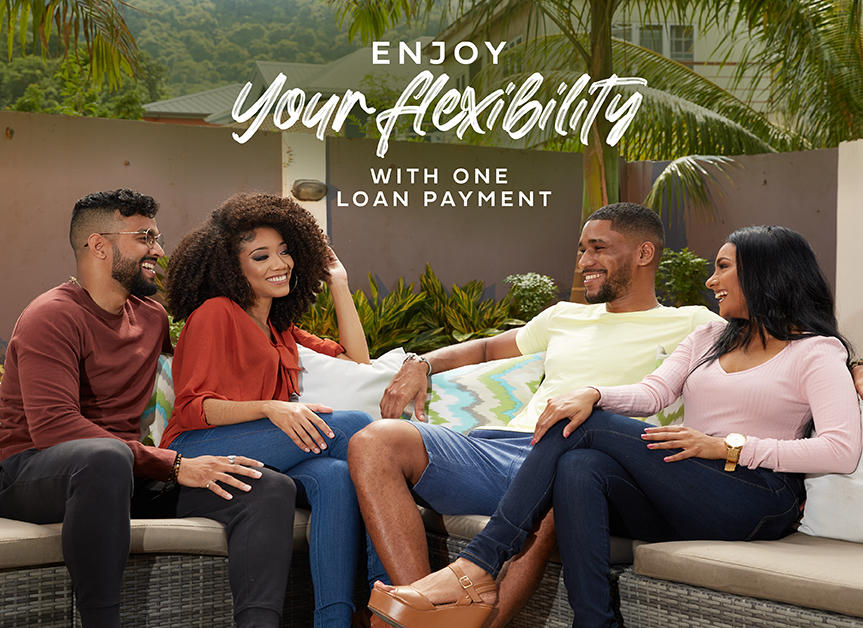 Couples smiling on a couch in their backyard after taking a debt consolidation loan.